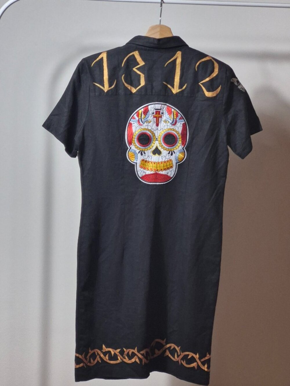 Worthington Womens 10 Linen Rayon Shirt Dress Sugar Skull Embroidered Gothic